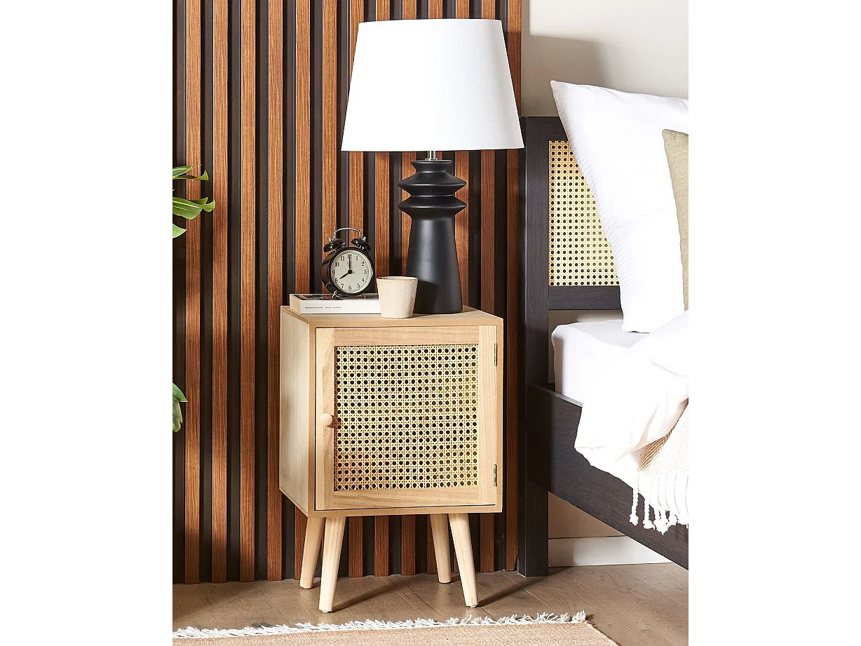 Nachttisch Rattan heller Holzfarbton Schranktür mit 2 Fächern Boho Rustikal Almo