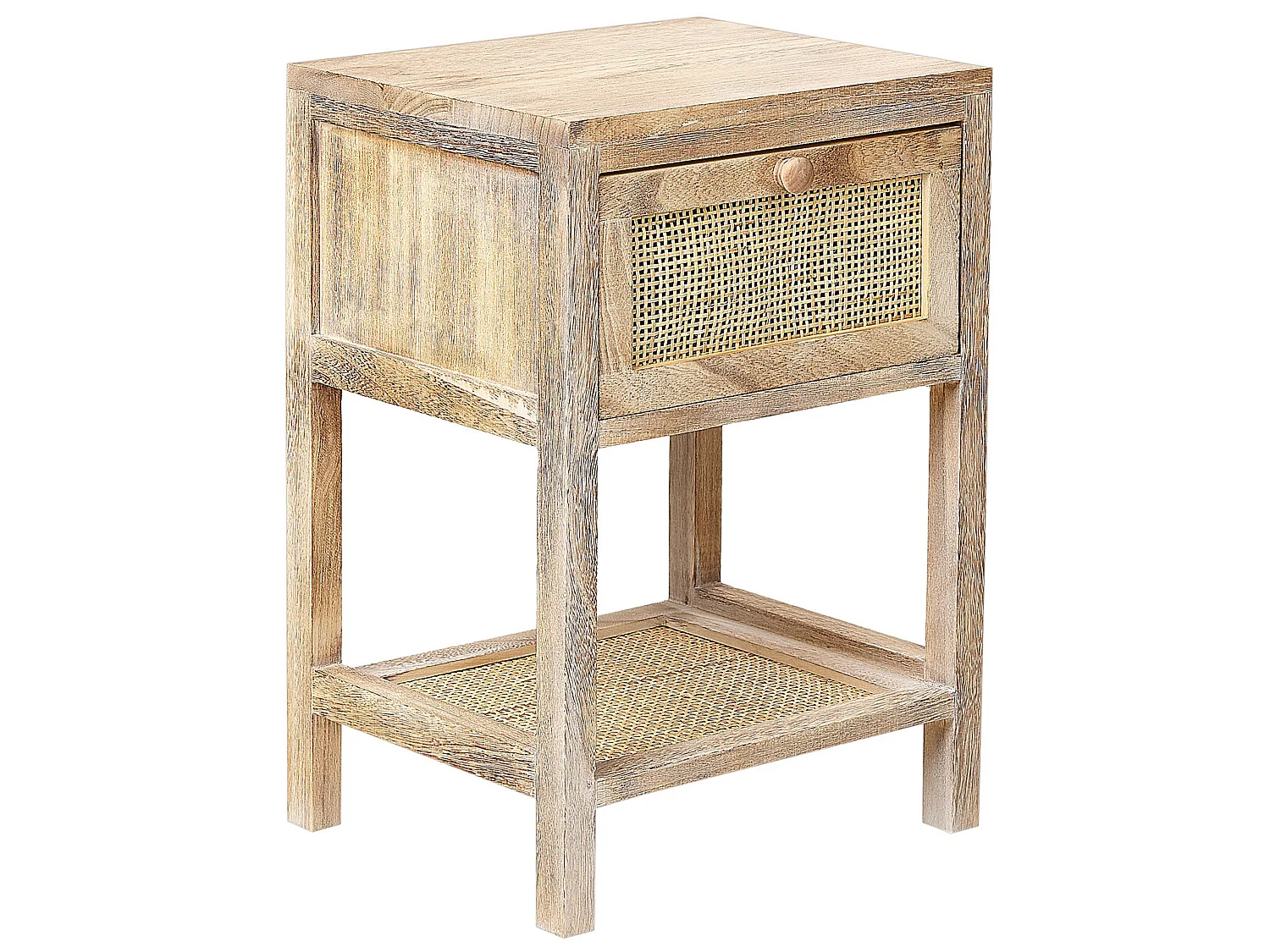 Nachttisch Rattan Paulowniaholz heller Holzfarbton mit Schublade Rustikal Esto