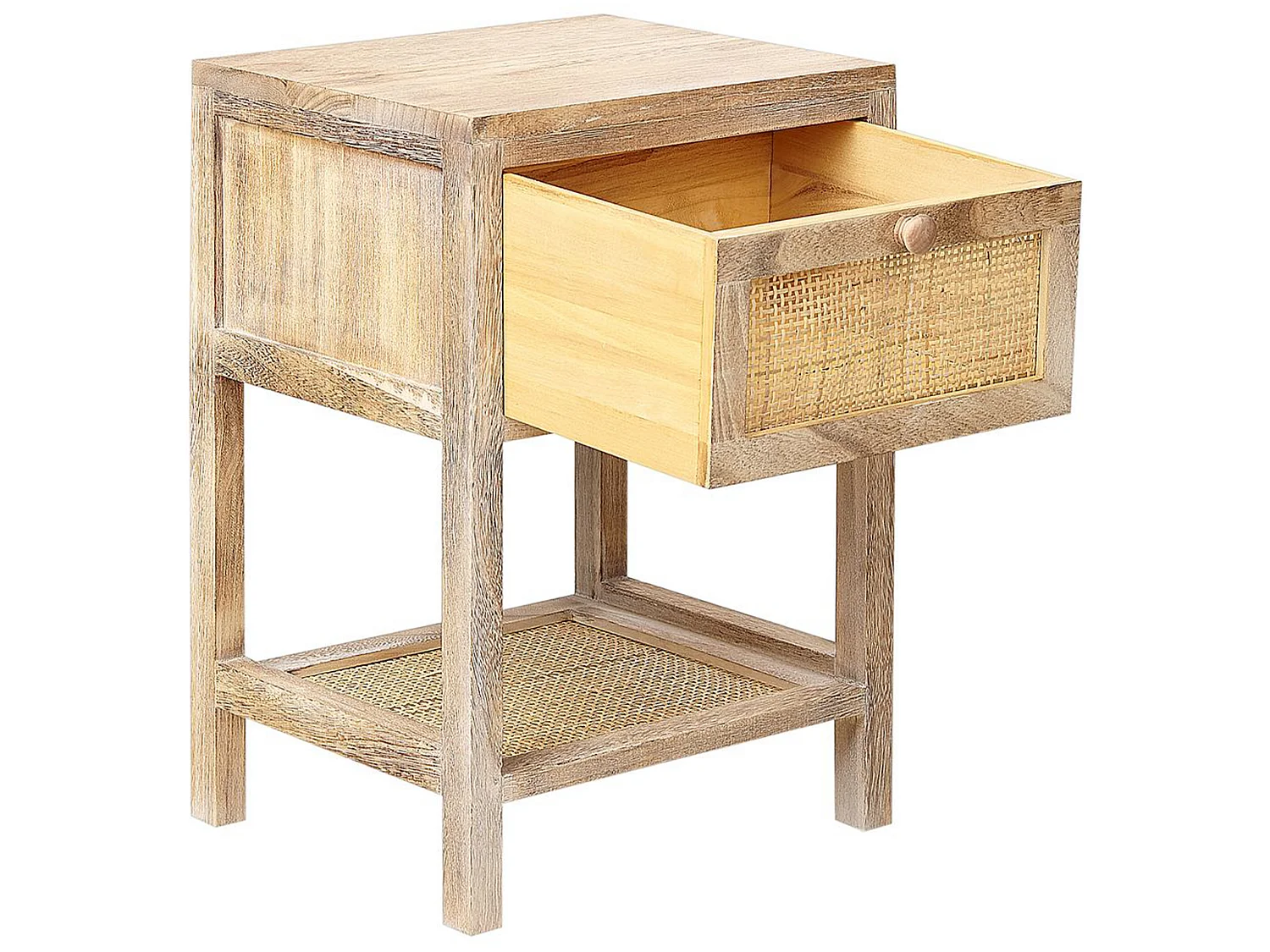 Nachttisch Rattan Paulowniaholz heller Holzfarbton mit Schublade Rustikal Esto