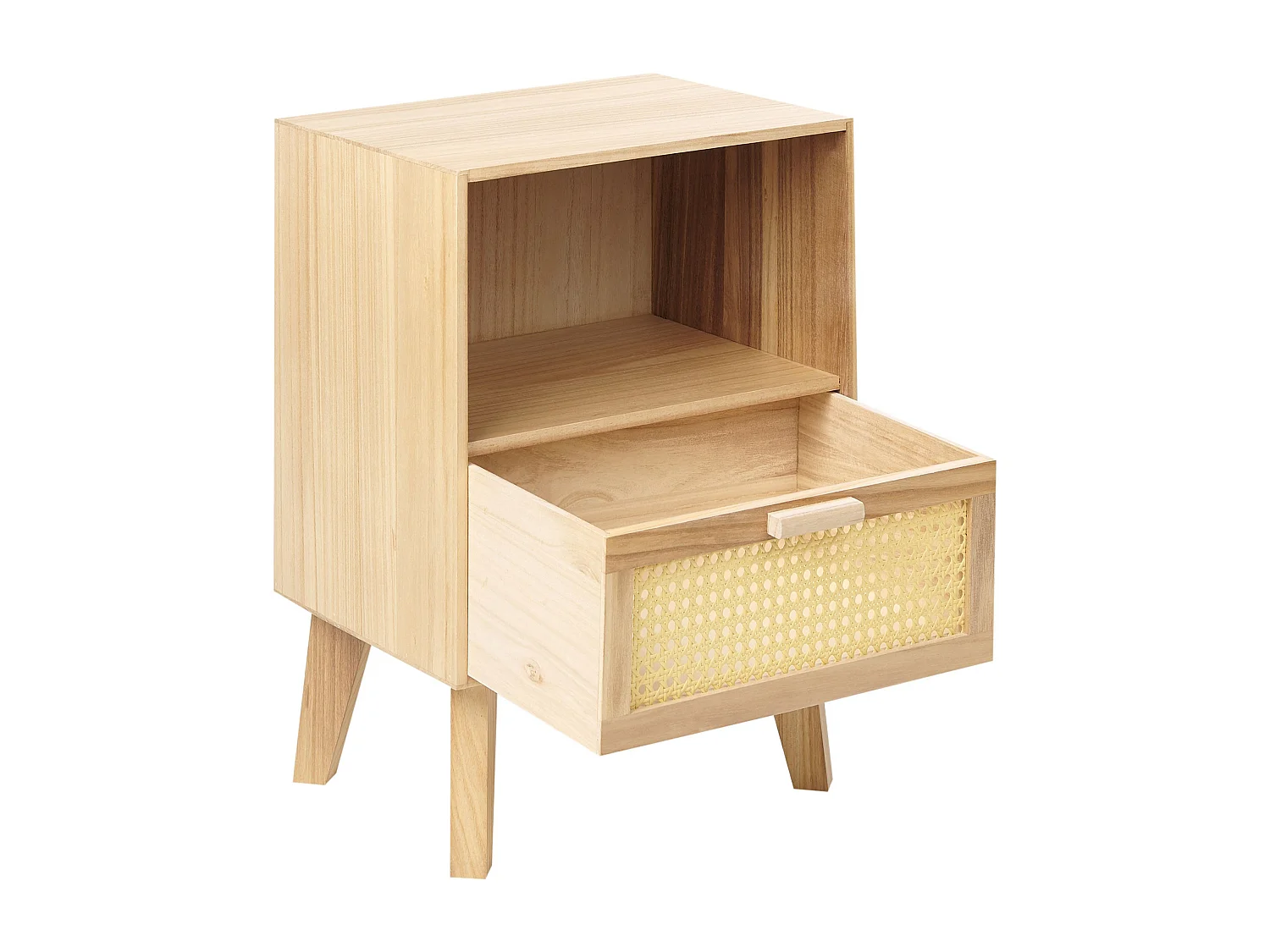 Nachttisch Rattan Paulowniaholz heller Holzfarbton Schublade Boho Rustikal Seney