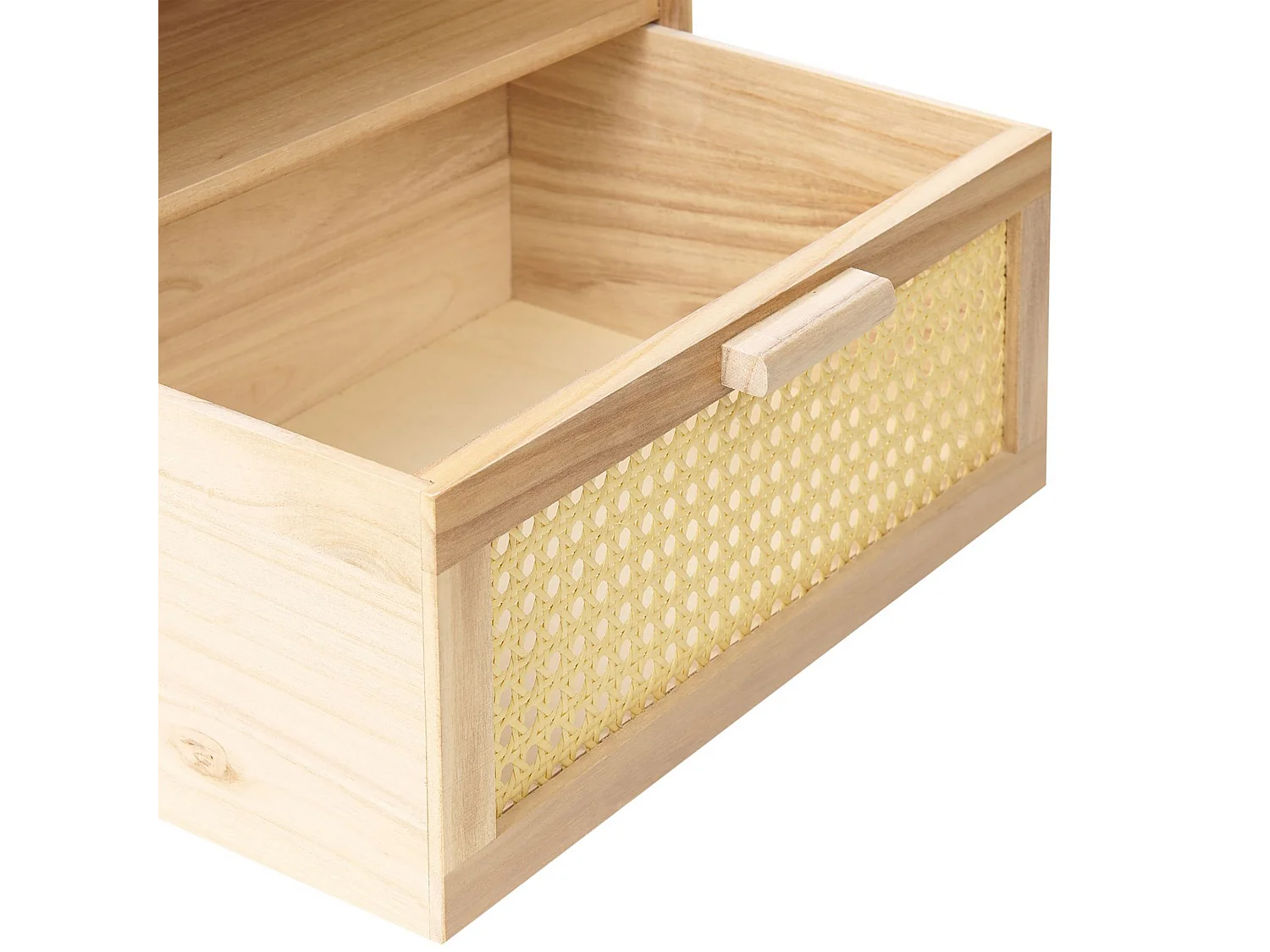 Nachttisch Rattan Paulowniaholz heller Holzfarbton Schublade Boho Rustikal Seney