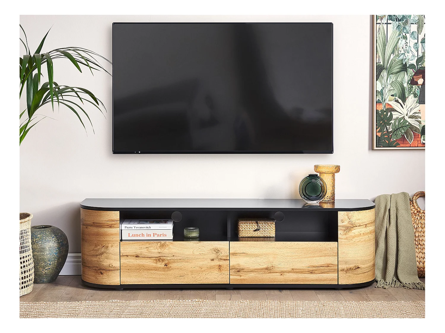 TV-Schrank heller Holzfarbton / schwarz 160x40x44 cm mit 2 Schubladen Jerome