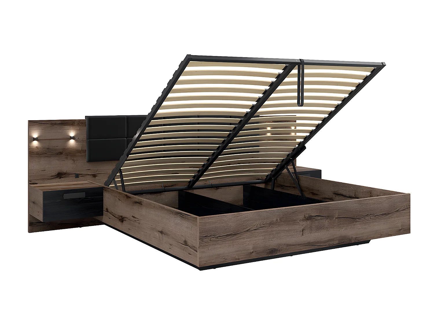 Lit coffre 180x200 sommier chevet LED et prise USB inclus Romane Bois