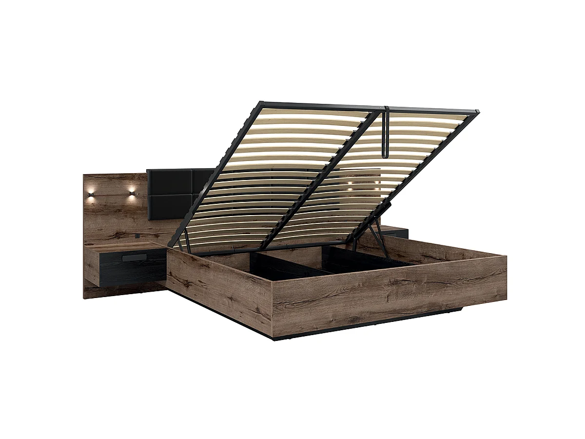 Lit coffre 180x200 sommier chevet LED et prise USB inclus Romane Bois