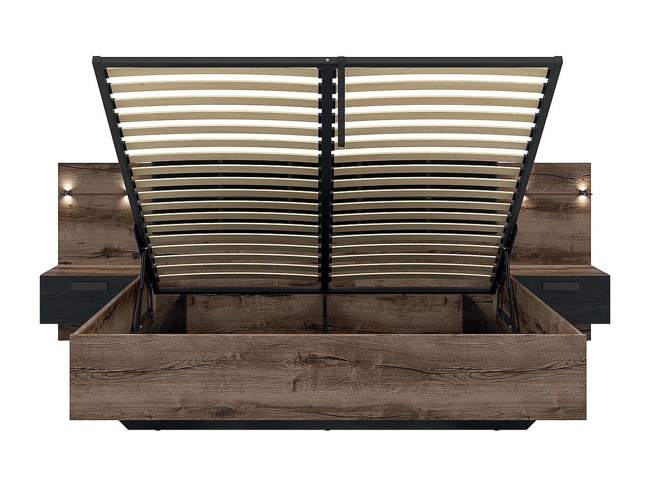 Lit coffre 180x200 sommier chevet LED et prise USB inclus Romane Bois