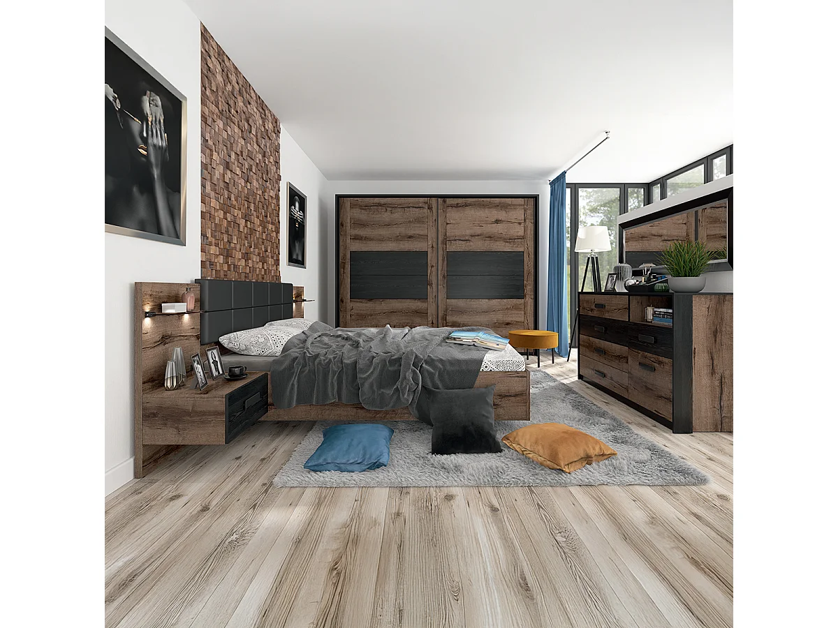 Lit coffre 180x200 sommier chevet LED et prise USB inclus Romane Bois