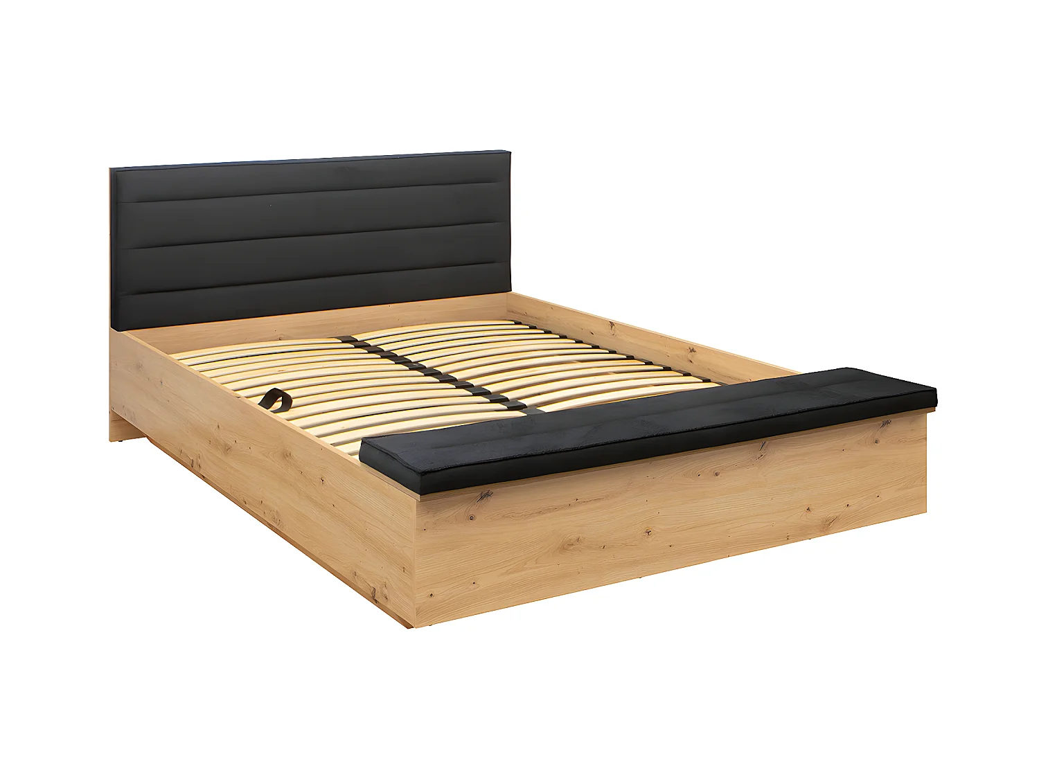 Lit coffre 160x200 avec banc et sommier inclus Glenn Bois et Noir