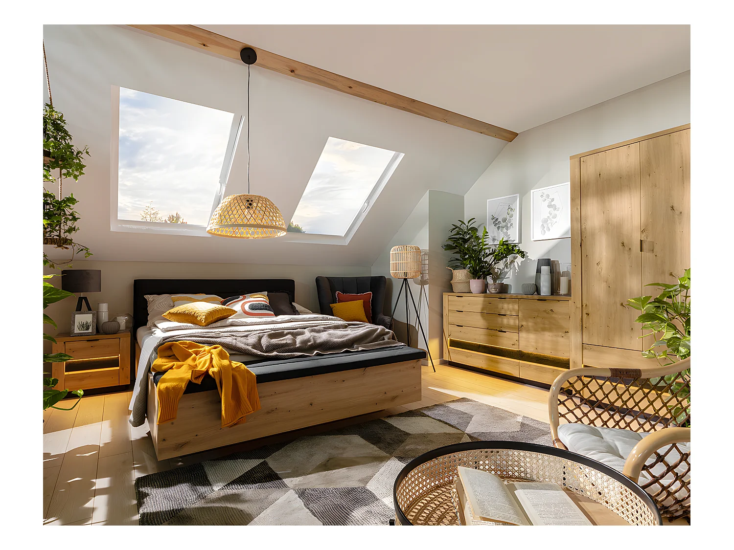 Lit coffre 160x200 avec banc et sommier inclus Glenn Bois et Noir