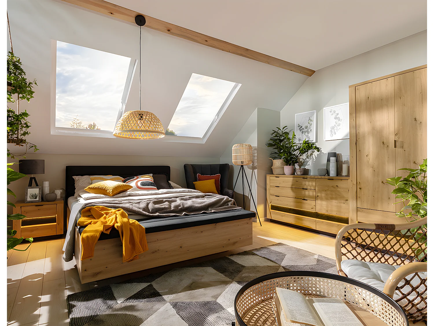 Lit coffre 160x200 avec banc et sommier inclus Glenn Bois et Noir