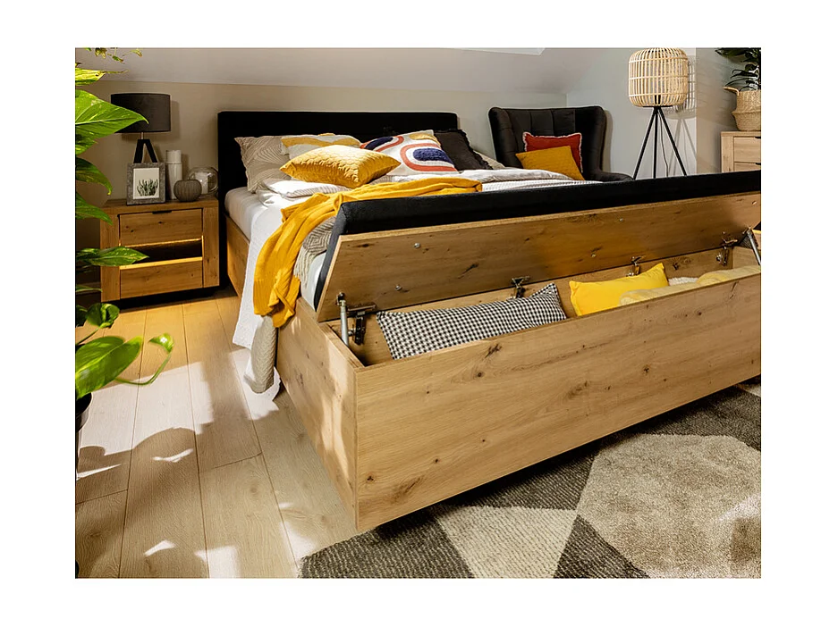 Lit coffre 160x200 avec banc et sommier inclus Glenn Bois et Noir