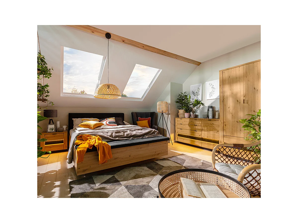 Lit coffre 160x200 avec banc et sommier inclus Glenn Bois et Noir