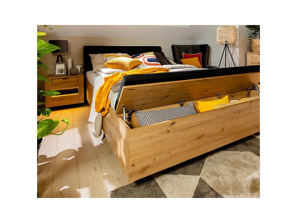 Lit coffre 160x200 avec banc et sommier inclus Glenn Bois et Noir