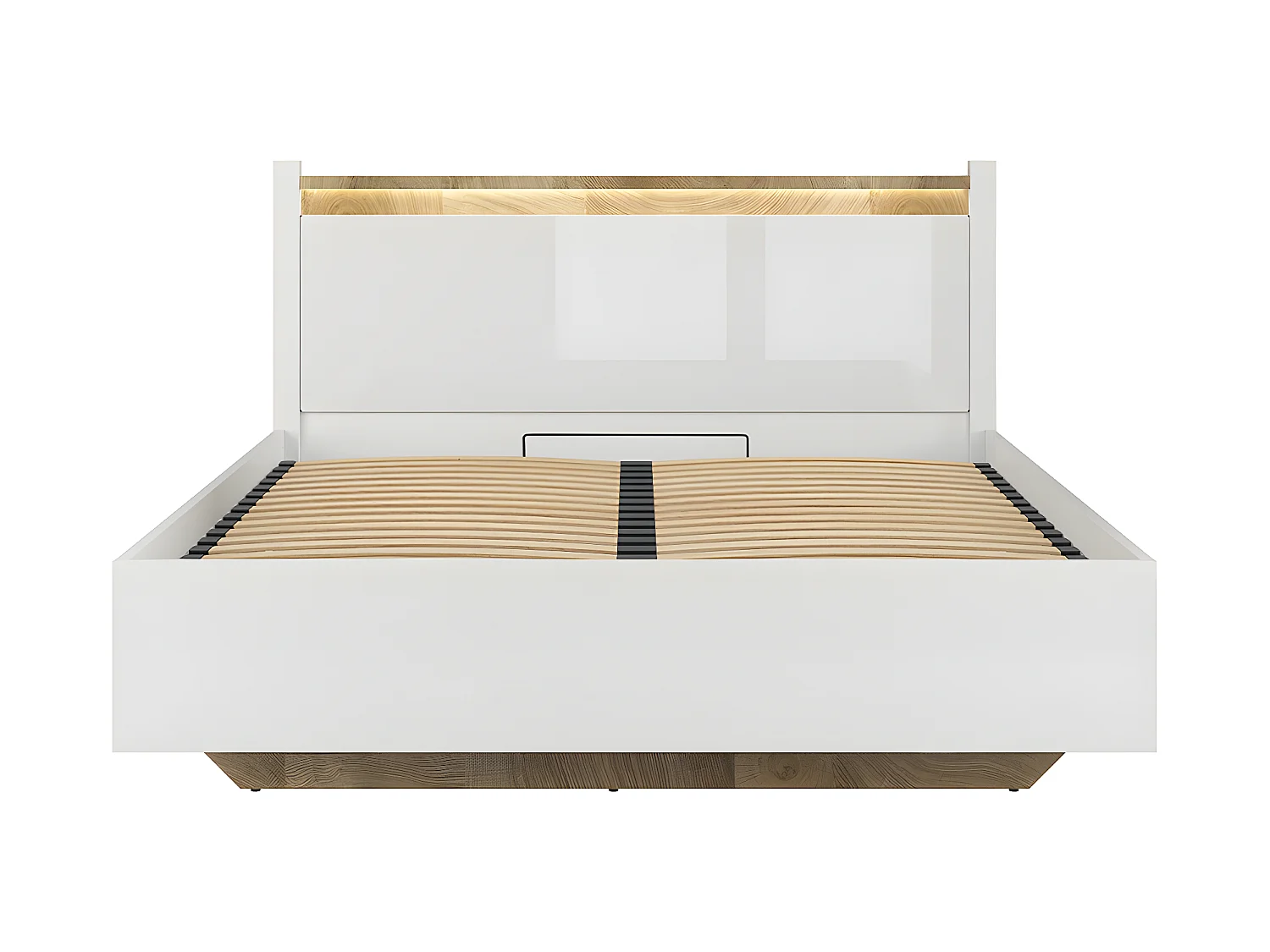 Cama canapé 160x200 con somier y LED Helios Blanco lacado y Madera