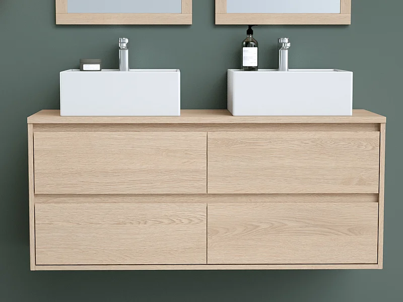 Mobile da bagno sospeso con doppio lavabo da appoggio Placcatura rovere 120 cm - MILIPAM