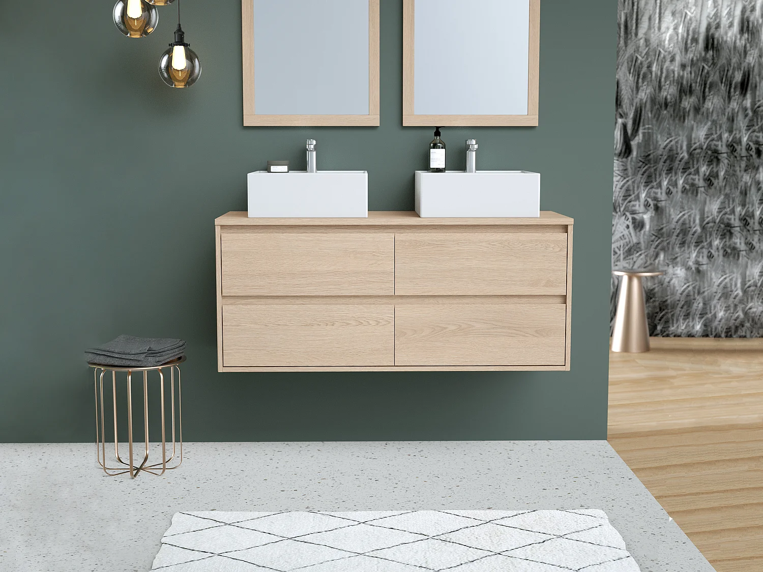 Meuble de salle de bain suspendu avec double vasque à poser - Placage chêne - 120 cm - MILIPAM