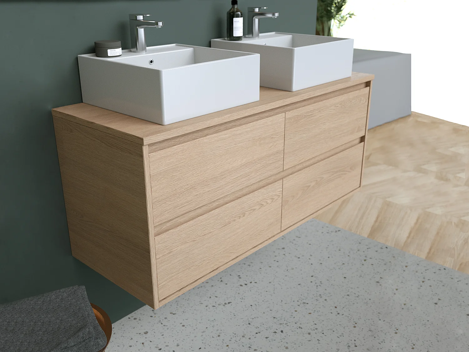 Meuble de salle de bain suspendu avec double vasque à poser - Placage chêne - 120 cm - MILIPAM