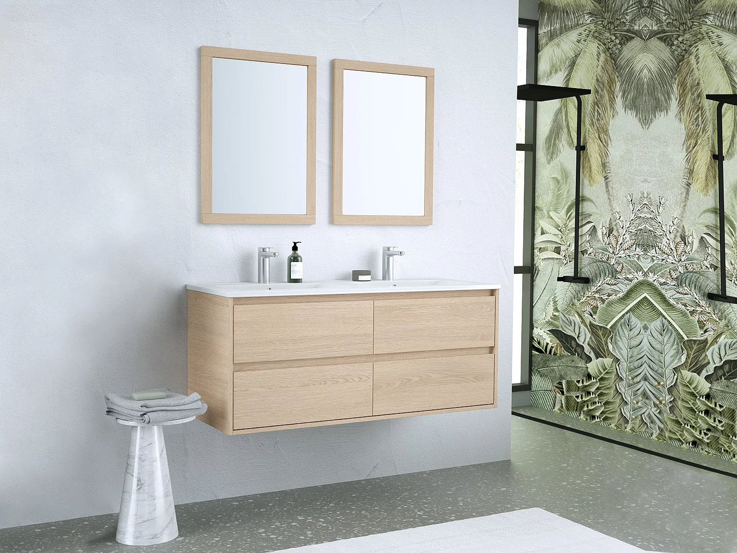 Waschbeckenunterschrank hängend mit Einbauwaschbecken & Spiegel - 120 cm - Eichenholzfurnier - MILIPAM