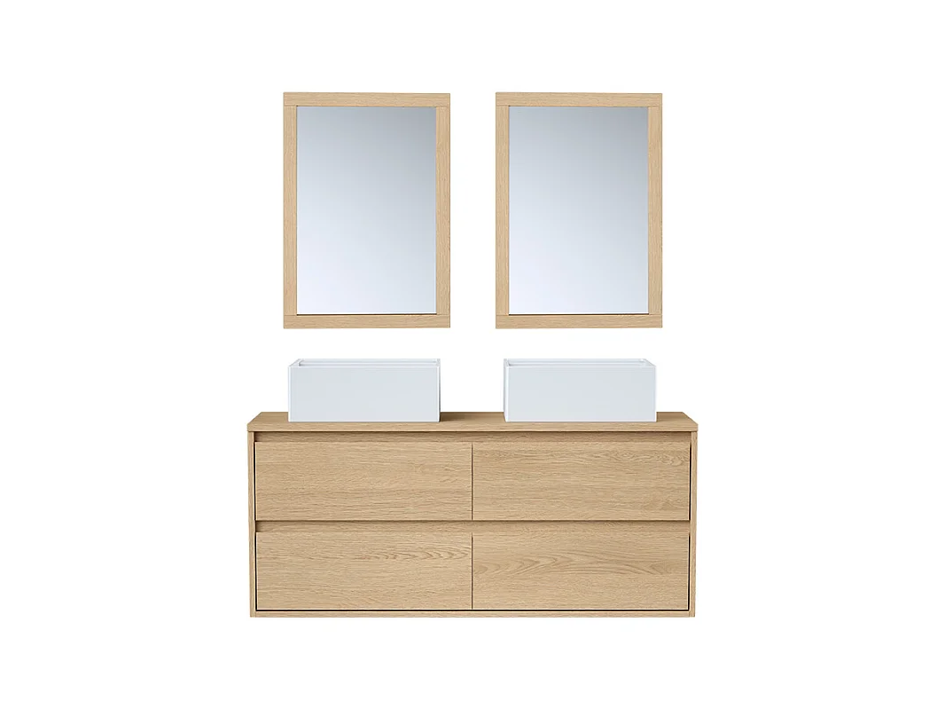Meuble de salle de bain suspendu avec double vasque à poser et miroir - Placage chêne - 120 cm - MILIPAM