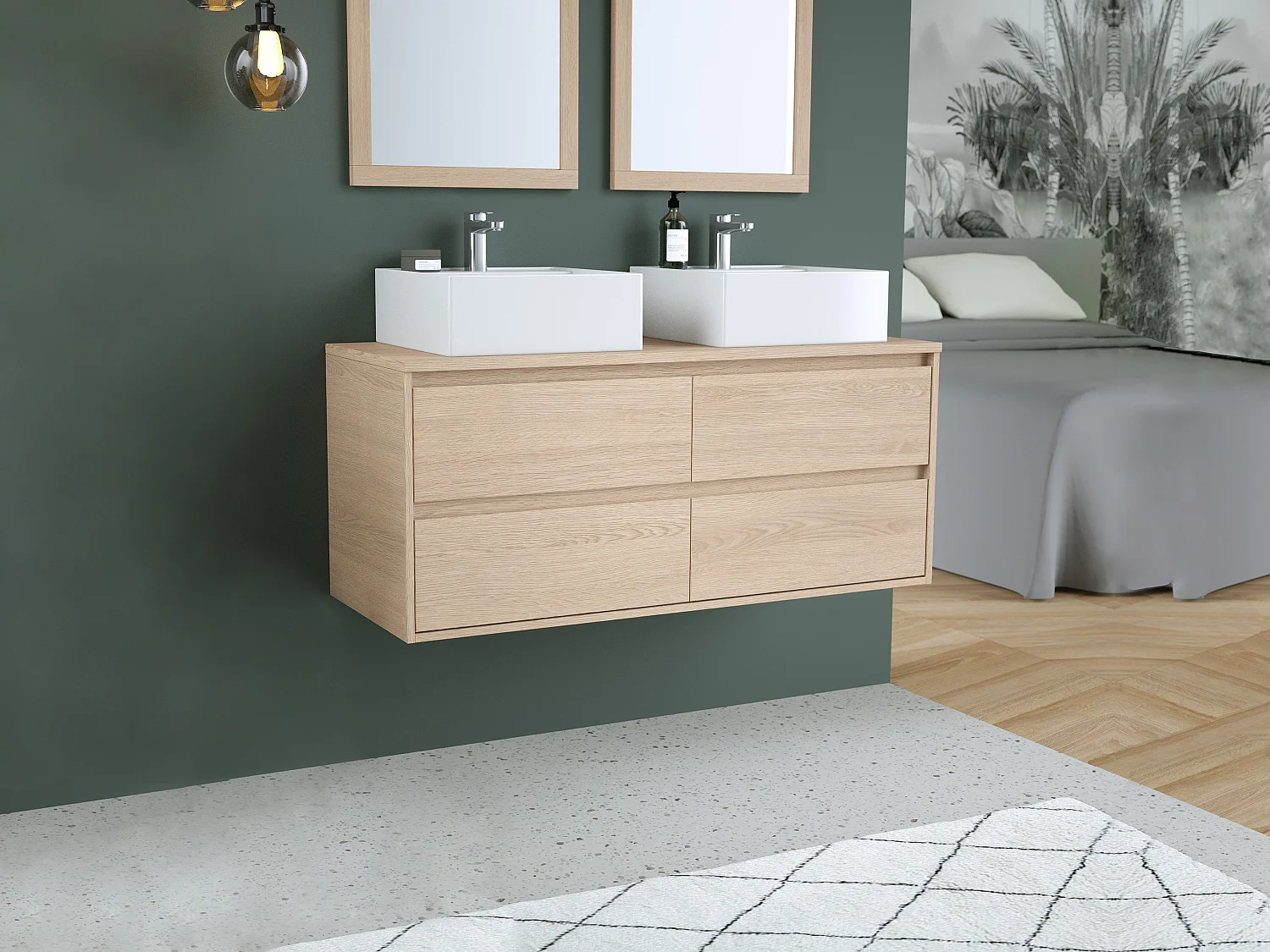 Wandhangend dubbel wastafelmeubel met spiegels - Eiken fineer - 120 cm - MILIPAM