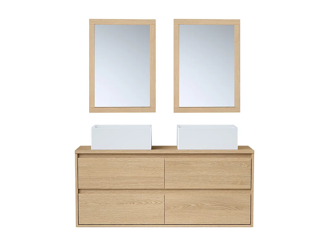 Meuble de salle de bain suspendu avec double vasque à poser et miroir - Placage chêne - 120 cm - MILIPAM