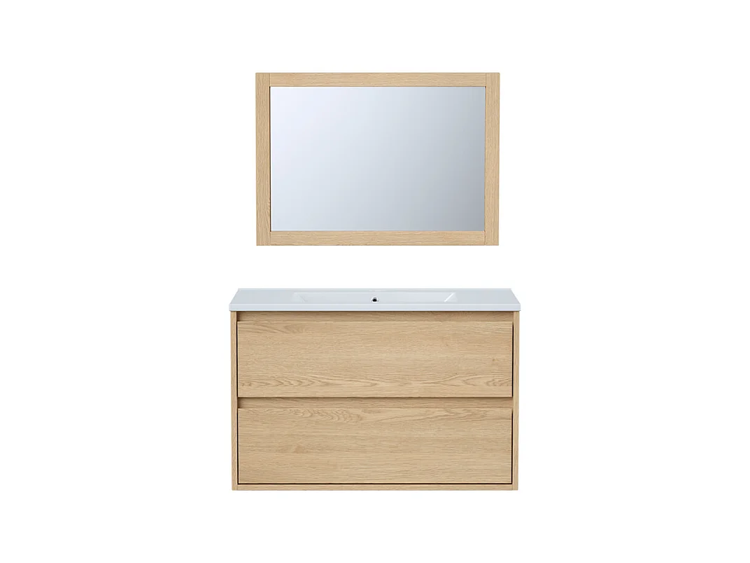 Waschbeckenunterschrank hängend mit Einbauwaschbecken & Spiegel - 80 cm - Eichenholzfurnier - MILIPAM