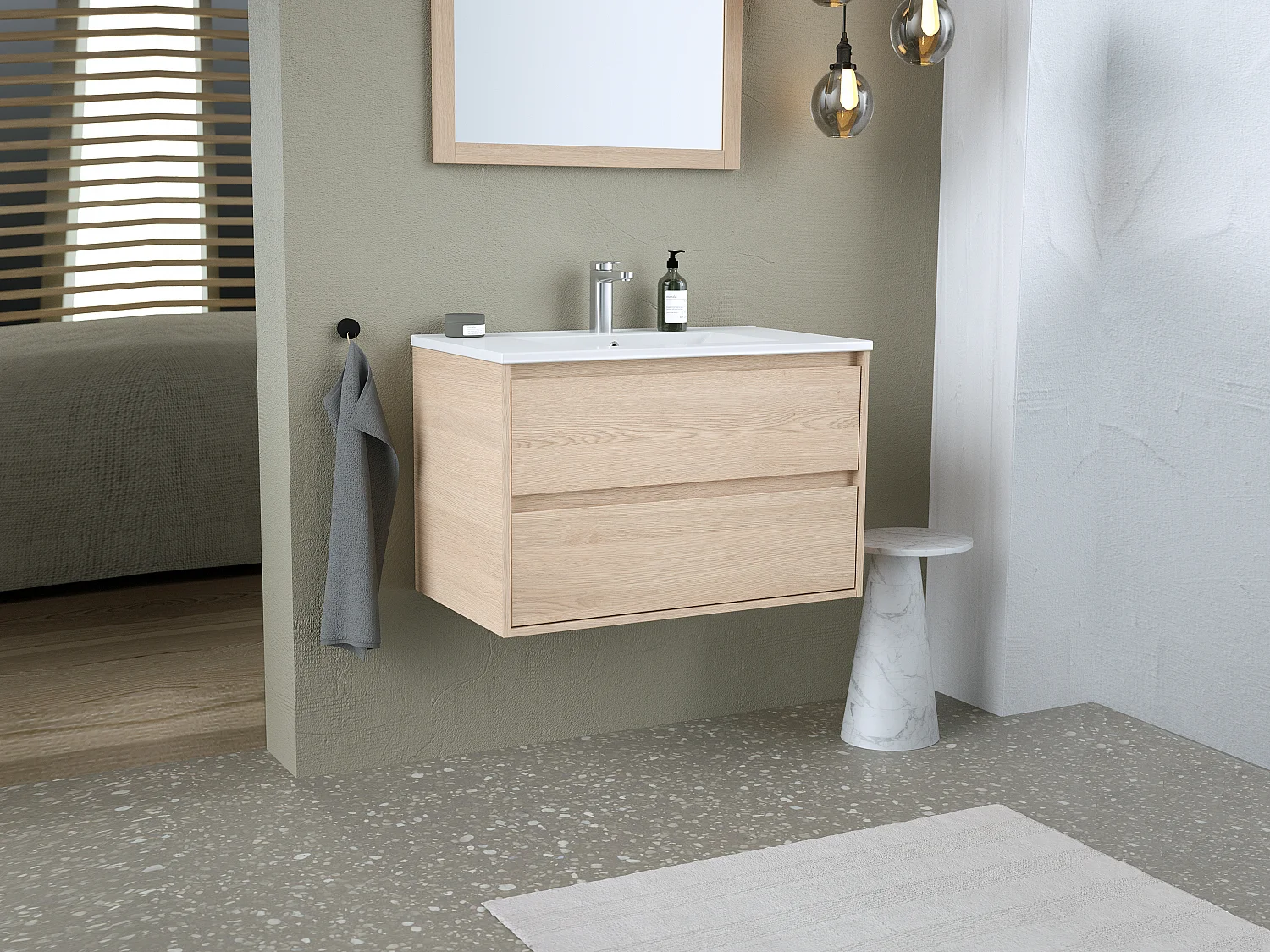 Hangend badkamermeubel met ingebouwde wastafel en spiegel - Eiken fineer - 80 cm - MILIPAM