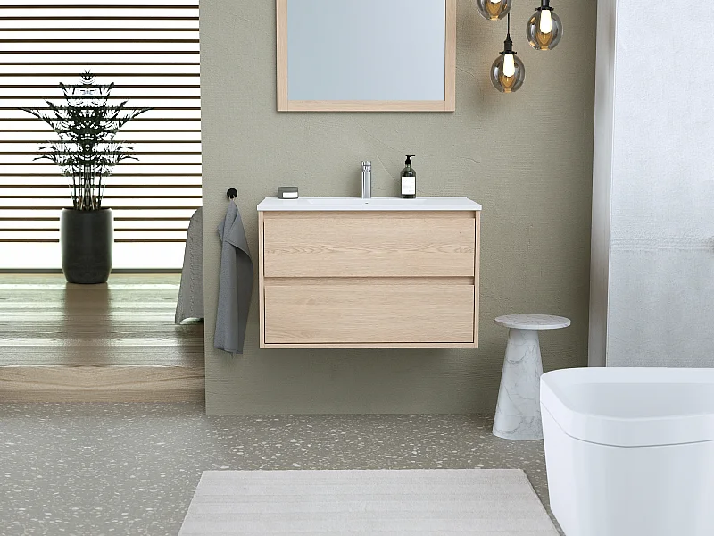 Meuble de salle de bain suspendu avec vasque à encastrer et miroir - Placage chêne - 80 cm - MILIPAM