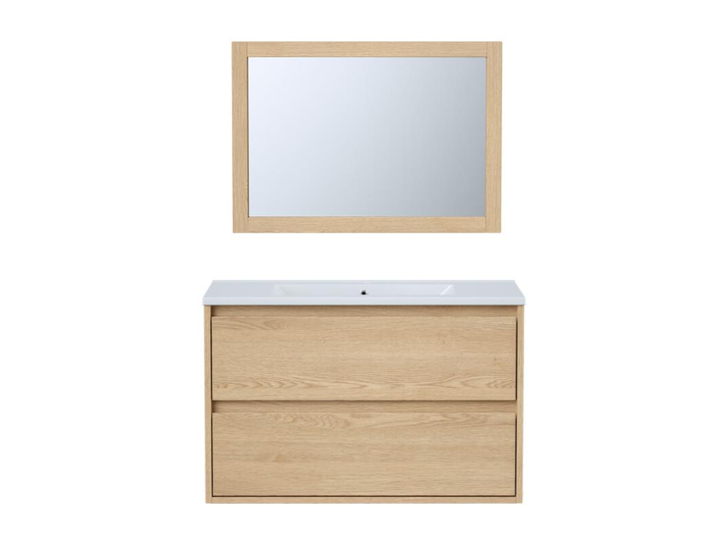 Meuble de salle de bain suspendu avec vasque à encastrer et miroir - Placage chêne - 80 cm - MILIPAM