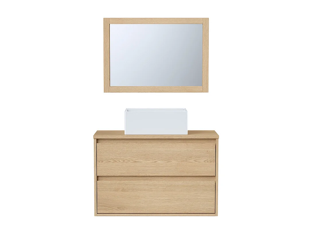 Meuble de salle de bain suspendu avec vasque à poser et miroir - Placage chêne - 80 cm - MILIPAM