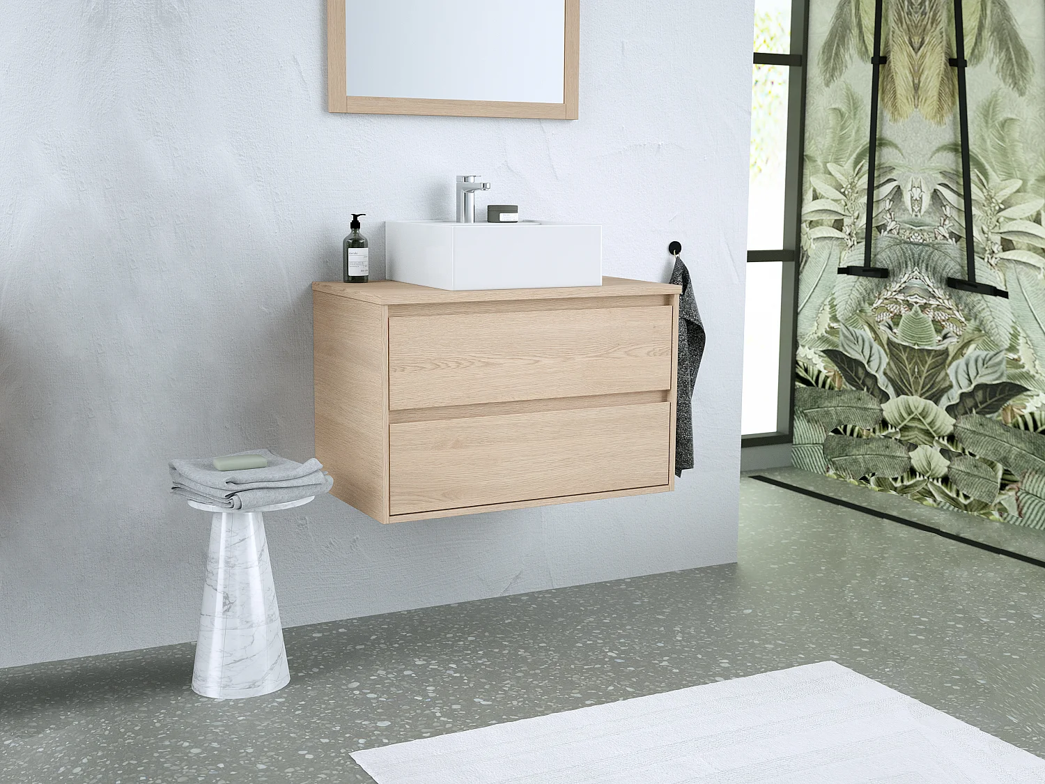 Meuble de salle de bain suspendu avec vasque à poser et miroir - Placage chêne - 80 cm - MILIPAM