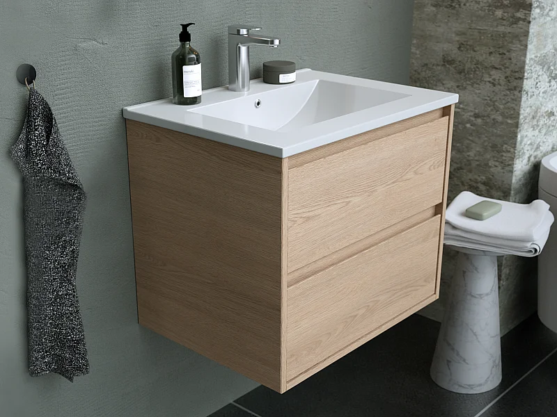Meuble de salle de bain suspendu avec vasque à encastrer et miroir - Placage chêne - 60 cm - MILIPAM