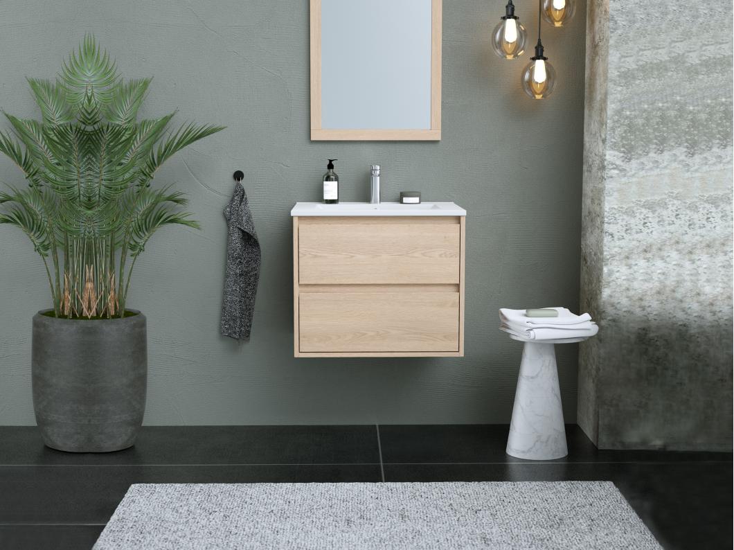 Meuble de salle de bain suspendu avec vasque à encastrer et miroir - Placage chêne - 60 cm - MILIPAM