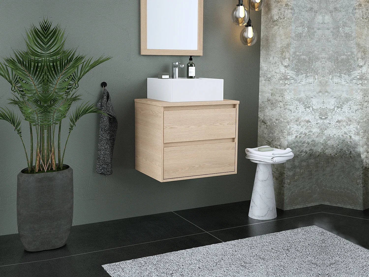 Meuble de salle de bain suspendu avec vasque à poser et miroir - Placage chêne - 60 cm - MILIPAM