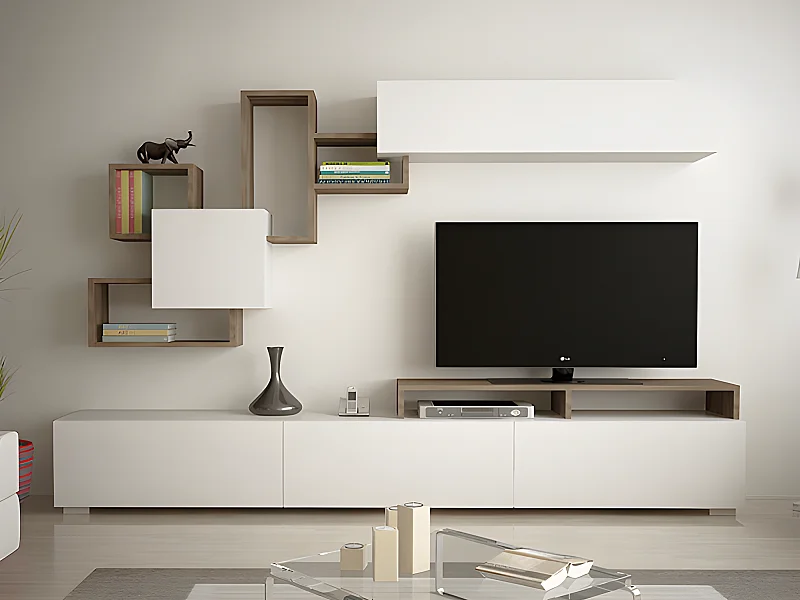 Móvel de TV com espaços de arrumação cor natural e branco - TALOLI