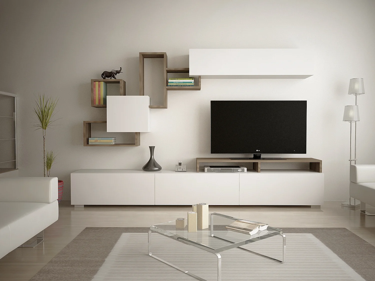 Mueble TV con almacenamiento - Natural claro y blanco - TALOLI II