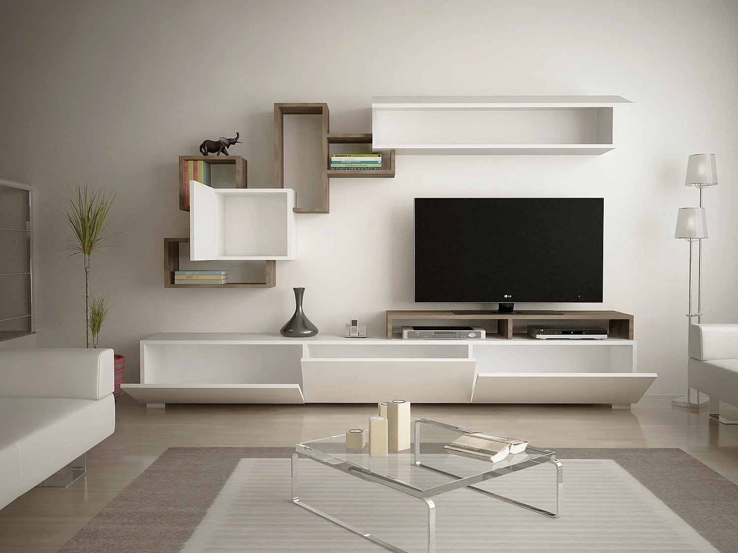 Mueble TV con almacenamiento - Natural claro y blanco - TALOLI II