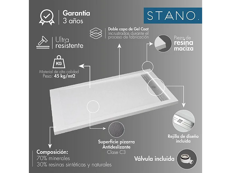 Plato de ducha resina ELITE ANTRACITA  70x180cm rejilla inox