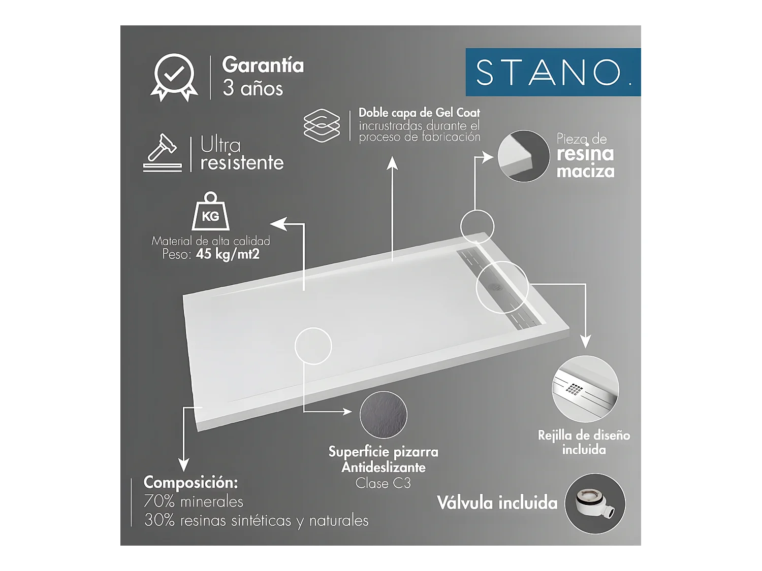 Plato de ducha resina ELITE BLANCO  70x140cm rejilla inox