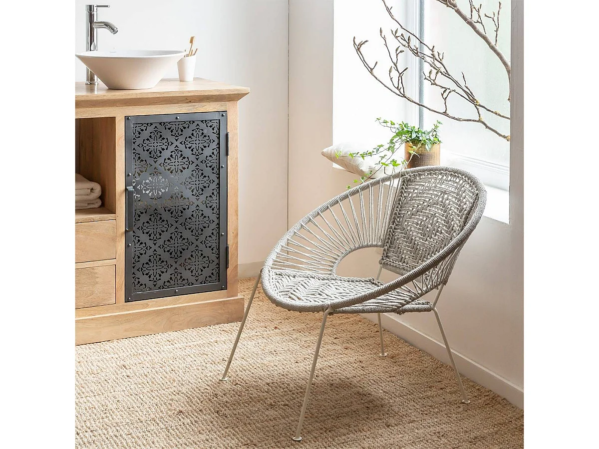 Sillón de cuerda de algodón blanco Bélize con patas de metal negro para interior/exterior