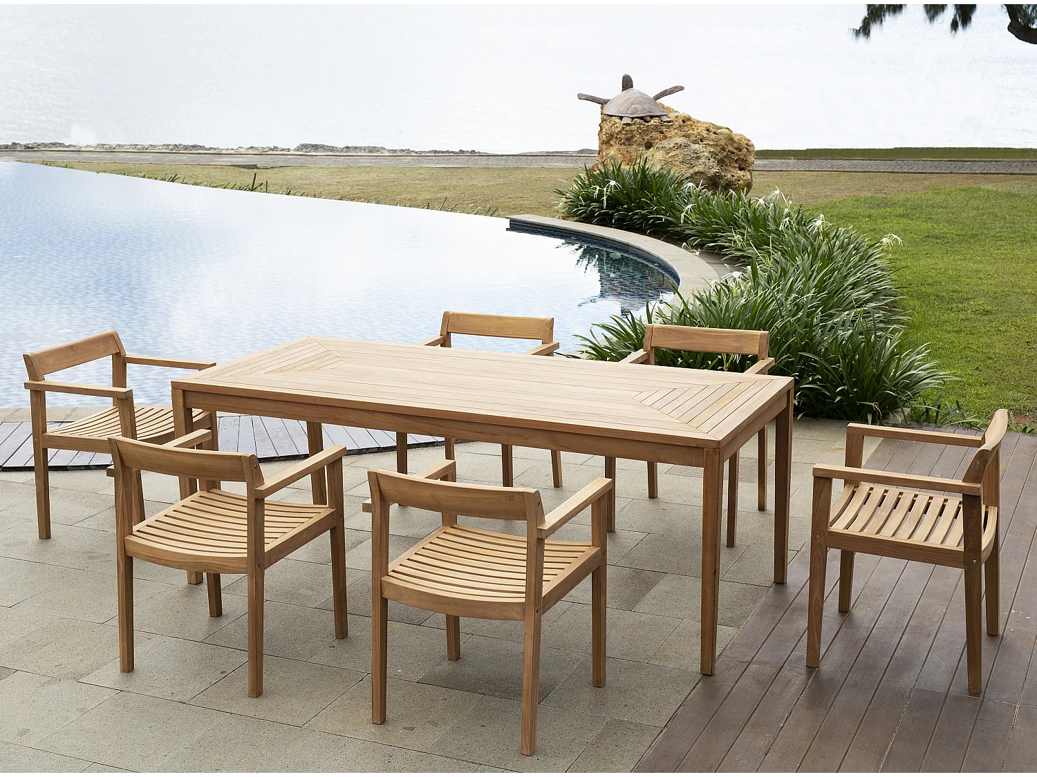 Garten-Essgruppe: 1 Tisch L 200 cm + 6 Sessel - Teakholz - Holzfarben hell - ALLENDE von MYLIA