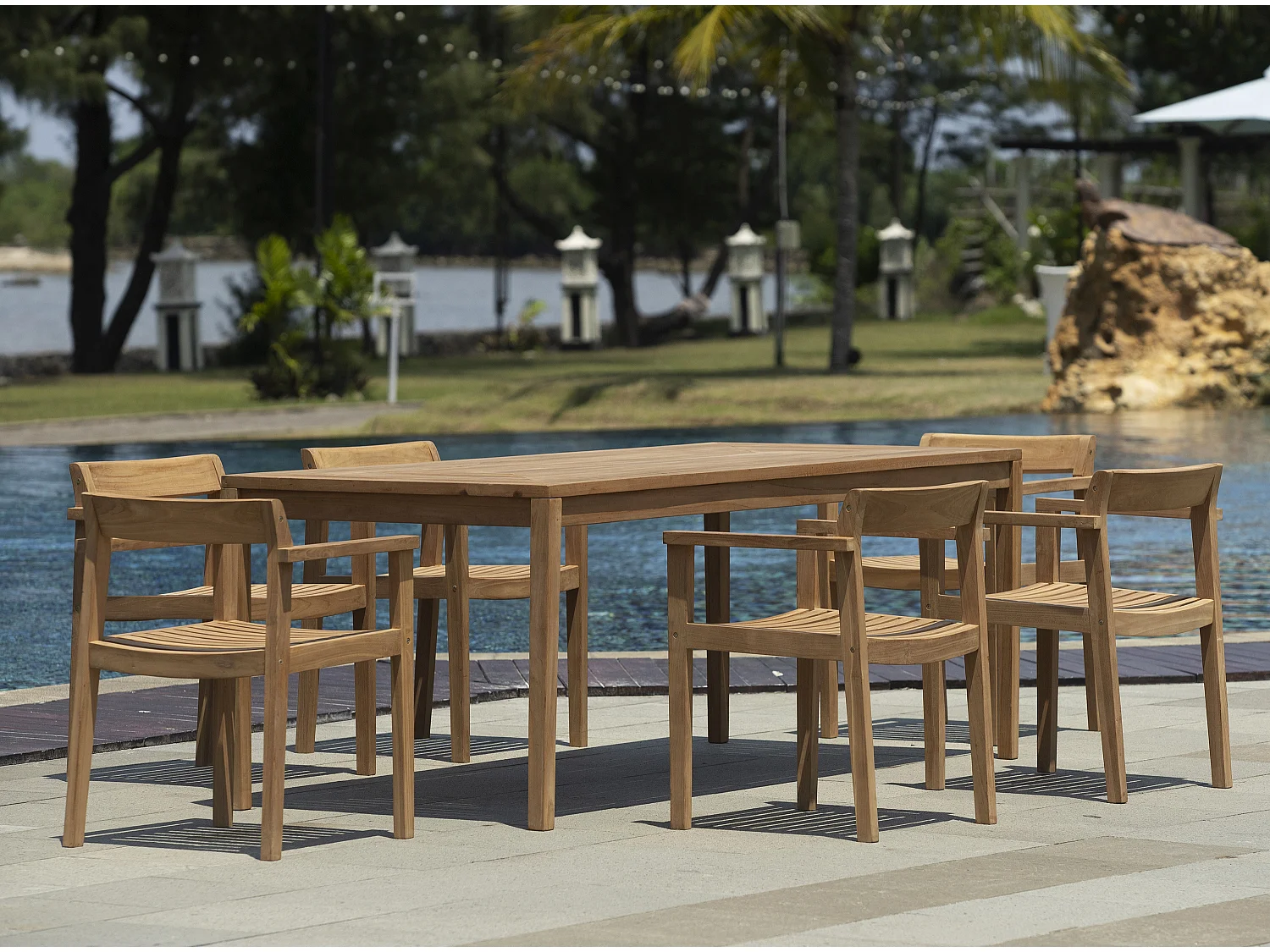 Garten-Essgruppe: 1 Tisch L 200 cm + 6 Sessel - Teakholz - Holzfarben hell - ALLENDE von MYLIA