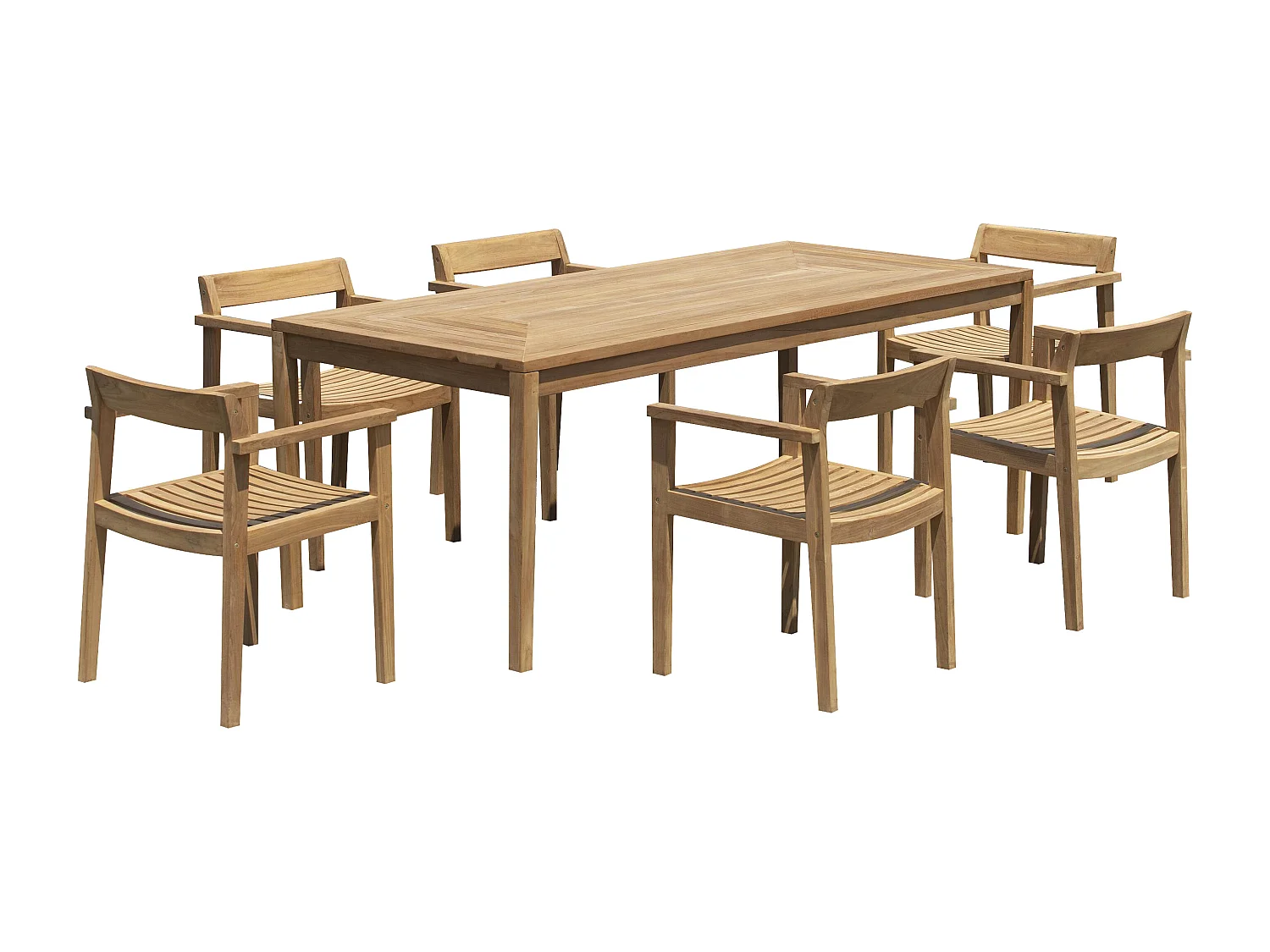 Tuineethoek van teakhout: 1 tafel L200 cm + 6 fauteuils - Licht naturel - ALLENDE