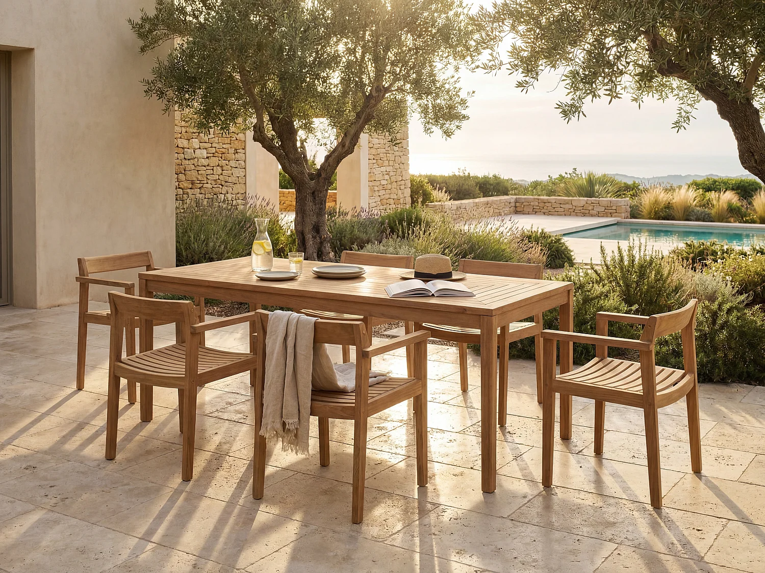 Tuineethoek van teakhout: 1 tafel L200 cm + 6 fauteuils - Licht naturel - ALLENDE