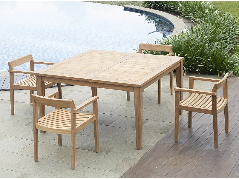 Salle à manger de jardin en teck : 1 table carrée + 4 fauteuils - Naturel clair - ALLENDE de MYLIA