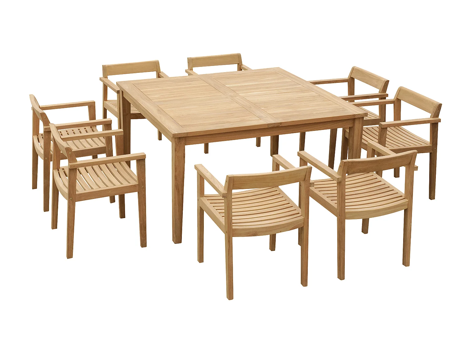 Salle à manger de jardin en teck : 1 table carrée + 8 fauteuils - Naturel clair - ALLENDE de MYLIA