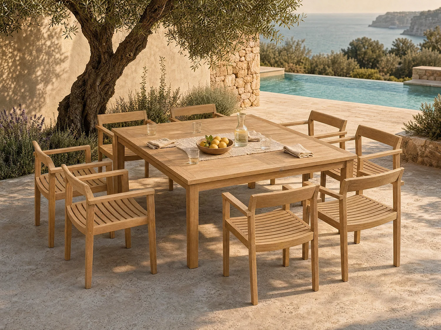 Salle à manger de jardin en teck : 1 table carrée L.140 cm + 8 fauteuils - Naturel clair - ALLENDE de MYLIA