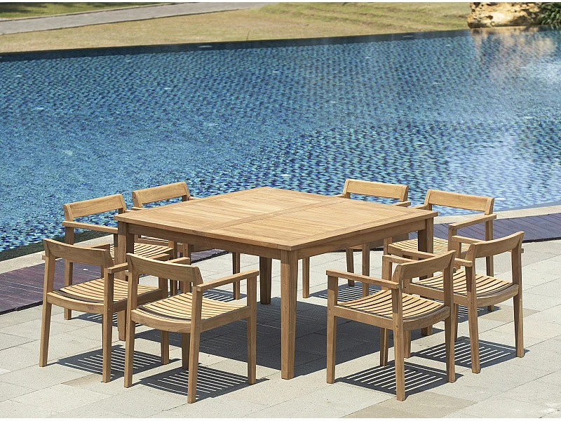 Salle à manger de jardin en teck : 1 table carrée L.140 cm + 8 fauteuils - Naturel clair - ALLENDE de MYLIA
