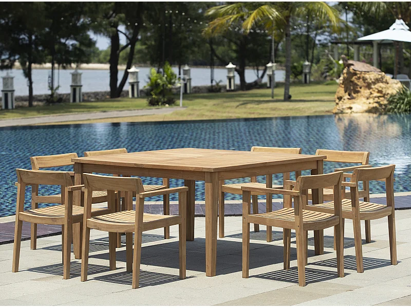 Salle à manger de jardin en teck : 1 table carrée + 8 fauteuils - Naturel clair - ALLENDE de MYLIA
