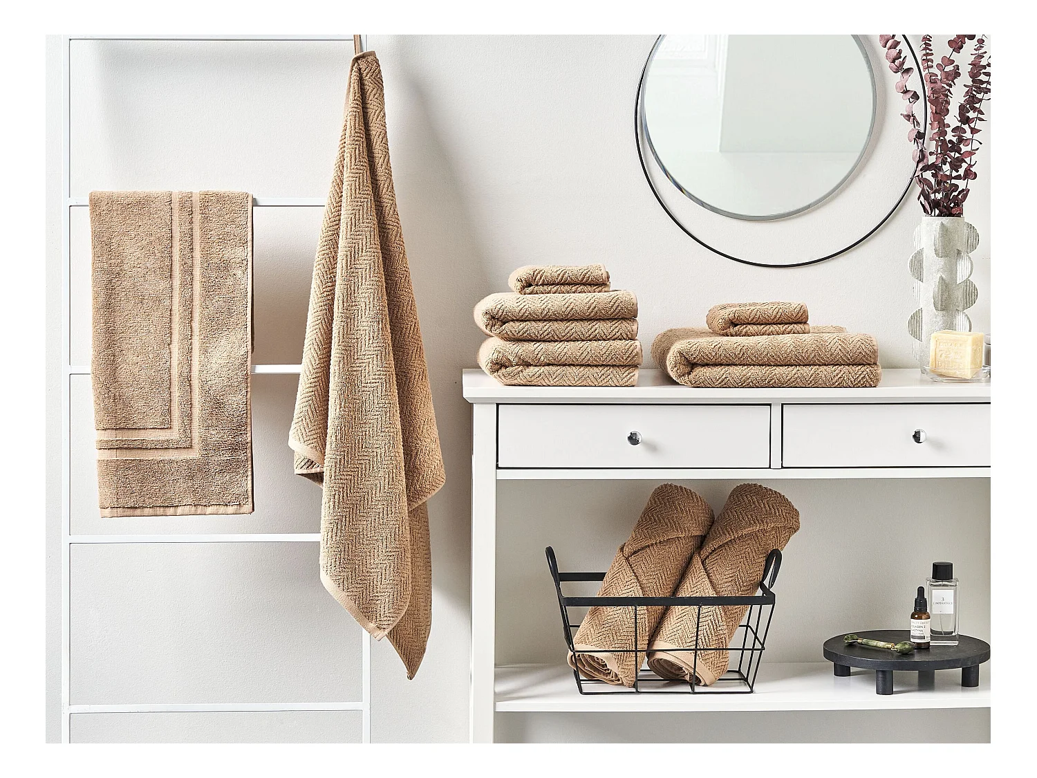 Luxus Handtuch Set mit Badematte Frottee Baumwolle beige 9-teilig Modern Mitiaro