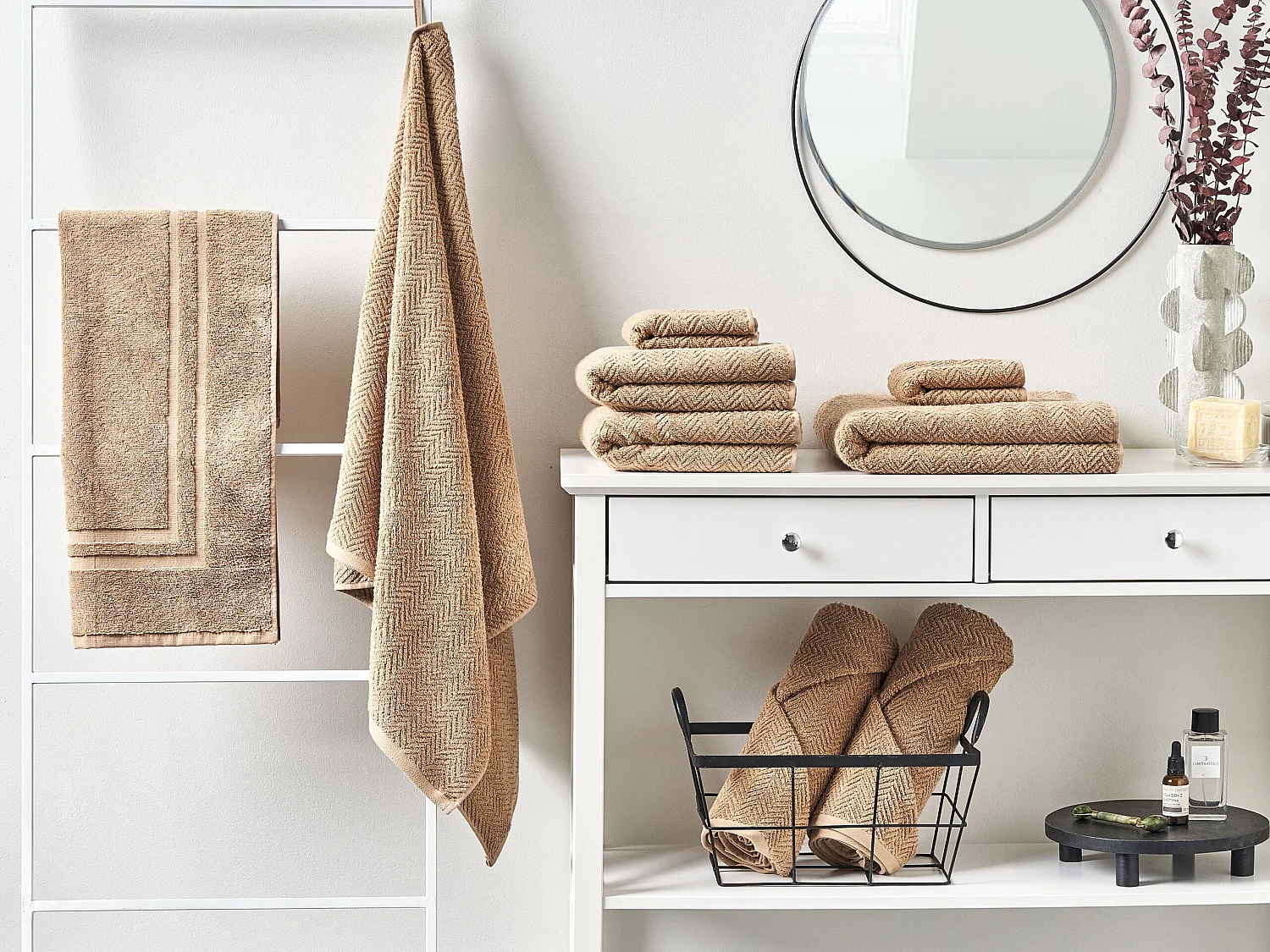 Luxus Handtuch Set mit Badematte Frottee Baumwolle beige 9-teilig Modern Mitiaro